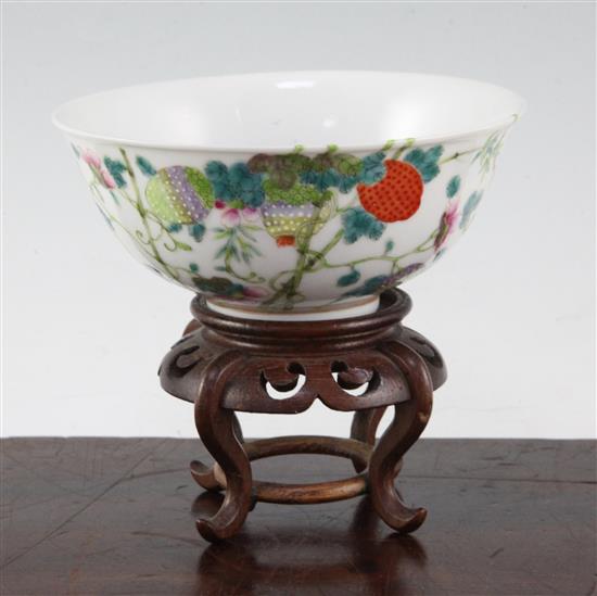 A Chinese famille rose lychees bowl, Guangxu mark and probably of the period (1875-1908), 13.5cm, wood stand